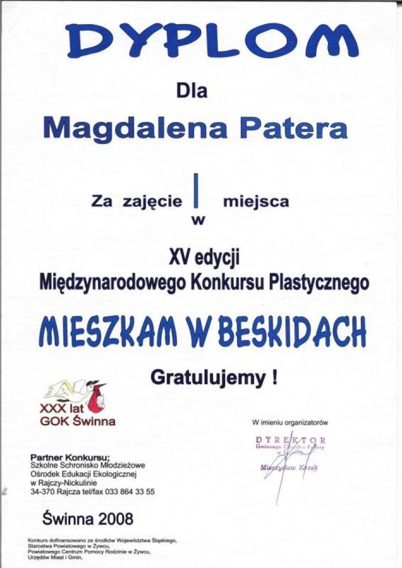 Gratulacje dla Magdaleny Patera za zajęcie I miejsca w kategorii Nagroda Dyrektora Gminnego Ośrodka Kultury w XV edycji Międzynarodowego Konkursu Plastycznego „Mieszkam w Beskidach”