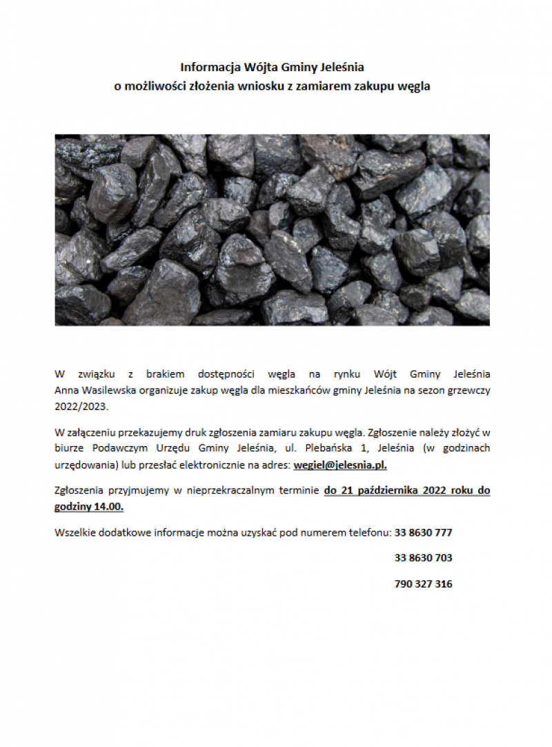 Informacja Wójta Gminy Jeleśnia o możliwości złożenia wniosku z zamiarem zakupu węgla